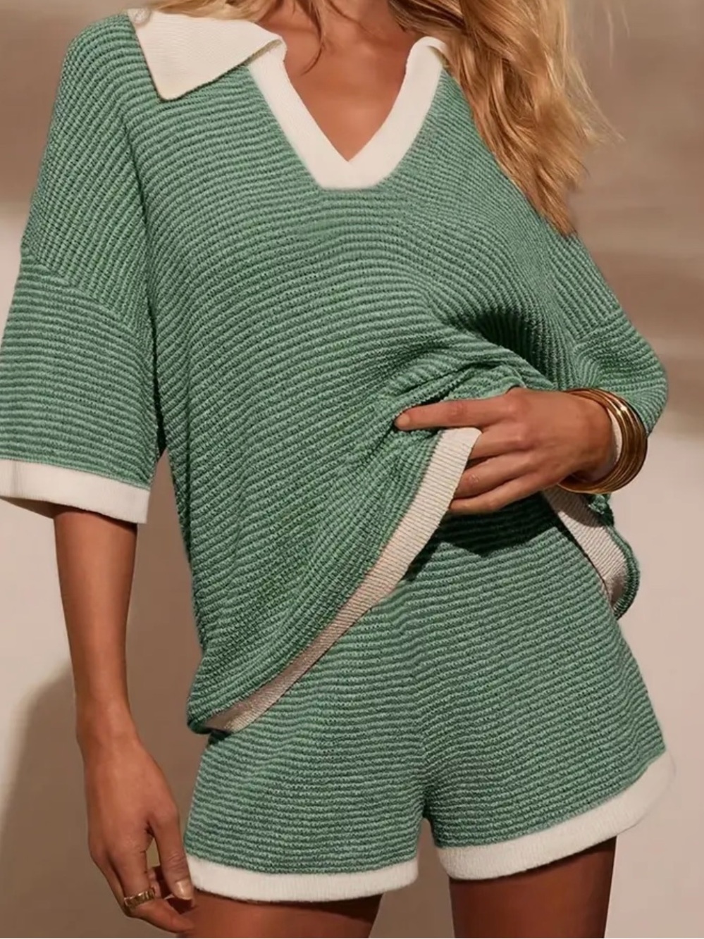 Green Knit Two-Piece Sweater Set with White Trim